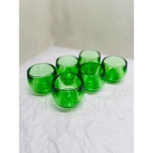 Vintage Green Glass Votive Candle Holders Barrel Shot Glasses Set of 6 Emerald